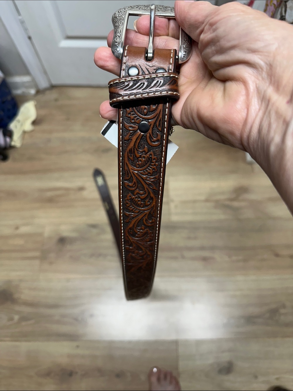 Ariat Tooled Brown Leather Belt with Silver Buckle